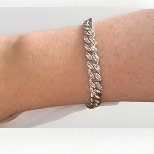 White Gold Plated CZ Cuban Link Bracelet Iced Out Chain Silver Tone Statement
